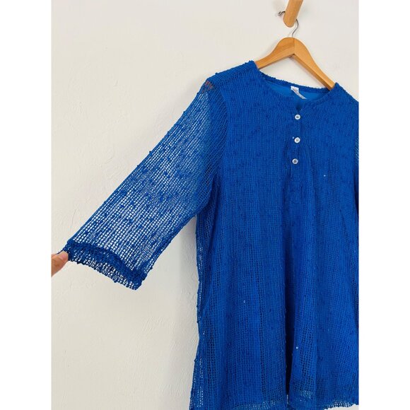 Lulu-B Women's Sz Medium Tunic Top Blue Mesh Mermaid Fishnet Open Knit - Picture 3 of 9